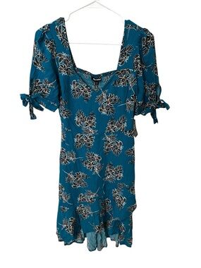Express Floral Tie Sleeve Hi-Low Midi Dress Teal Blue Sweetheart Neck NWT Size S